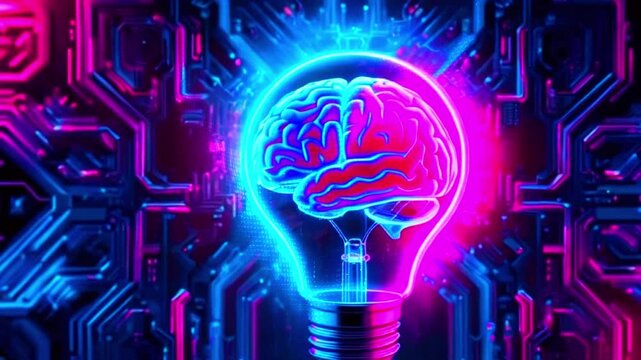 A glowing lightbulb with a brain inside against a neon circuit board background.