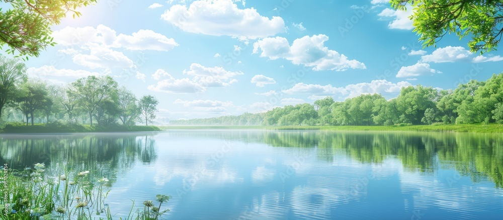Poster a serene summer day with a clear blue sky above a tranquil lake creating a picturesque scenery for a