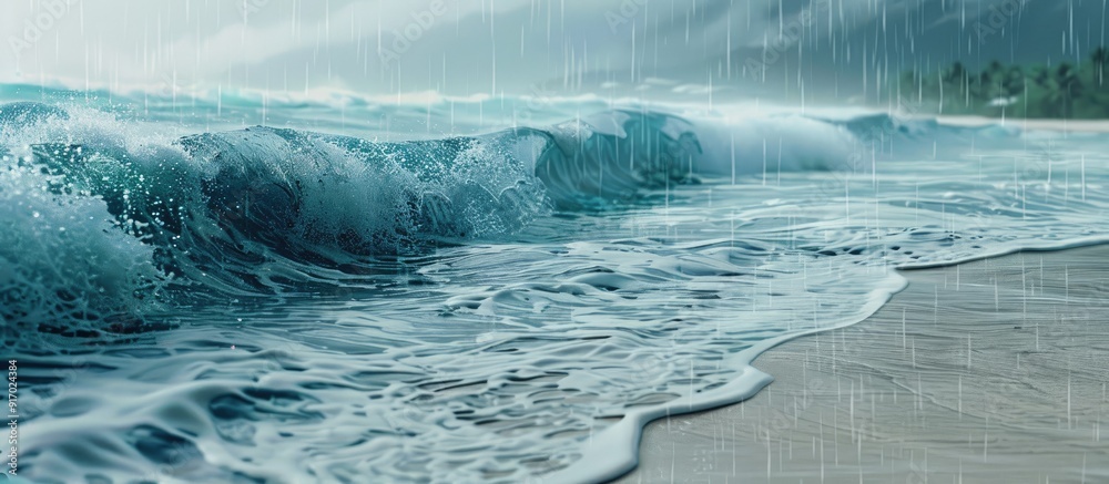 Poster rainy weather at the beach with tall waves featuring a copy space image