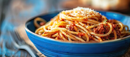 A close up photo of spaghetti with meat sauce in a blue bowl with copy space image included