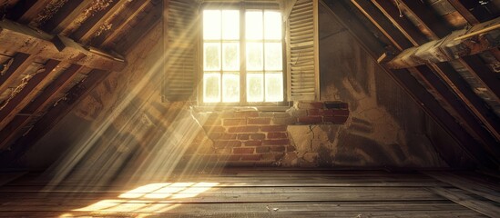 Vintage attic with sunlight filtering through wooden shutters on a wooden roof structure ideal for a copy space image