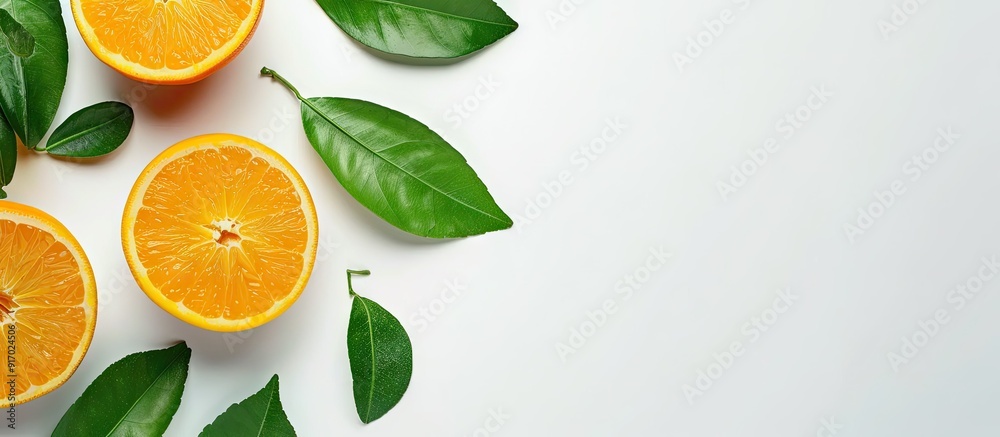 Poster isolated on a white background a fresh orange with leaves provides ample copy space image