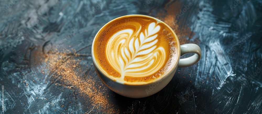 Poster cappuccino coffee featuring milk art on top with visually appealing designs set against a copy space
