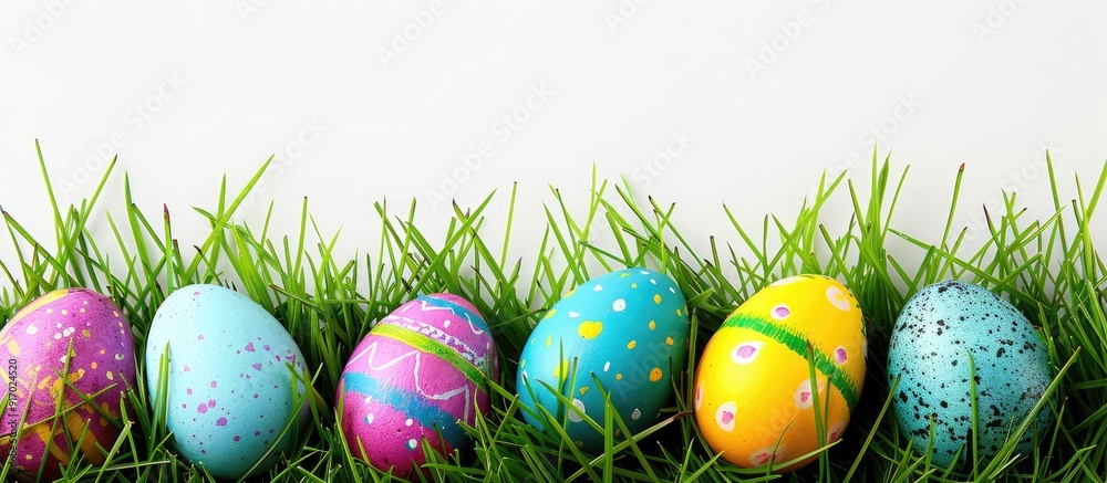 Poster easter themed greeting card featuring colorful eggs and fresh green grass set against a white backdr