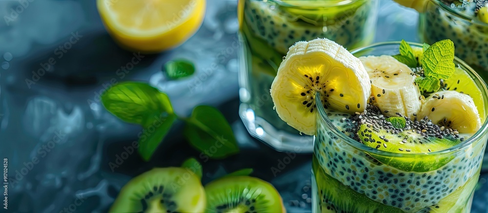 Poster delicious and healthy chia pudding with banana and kiwi a perfect and nutritious breakfast choice su