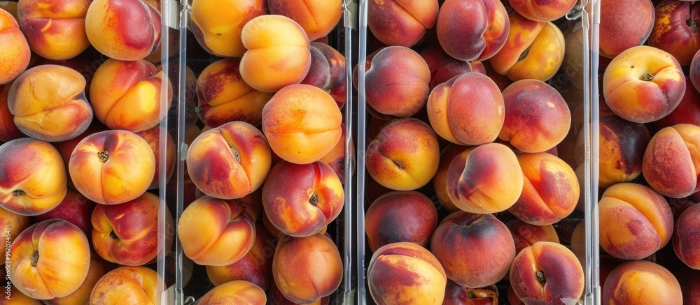 Aufkleber apricots arranged neatly in clear boxes at the farmer s market with copy space image