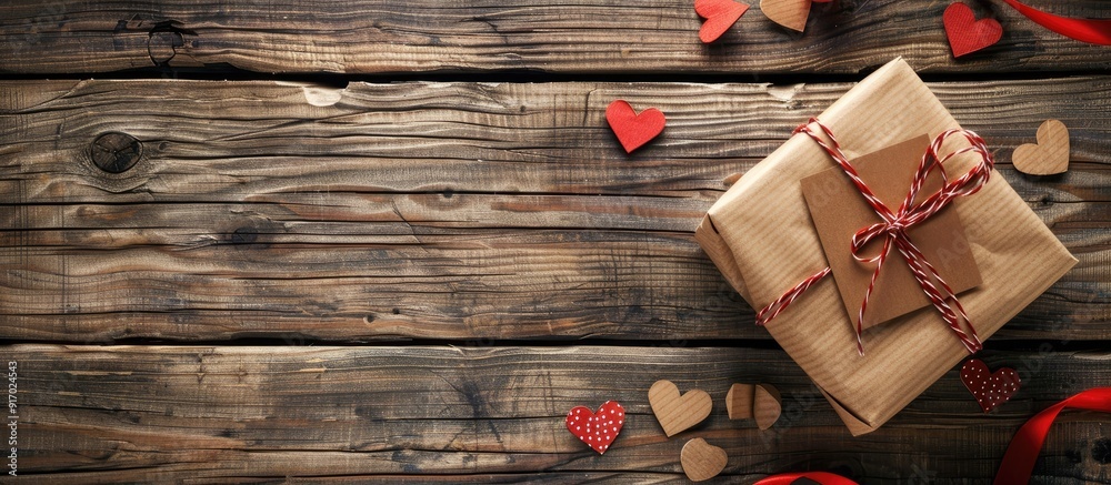 Poster a rustic wooden surface featuring a charming arrangement of a gift box accompanied by paper hearts c