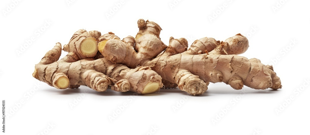 Aufkleber fresh ginger rhizome close up isolated on white background with copy space image