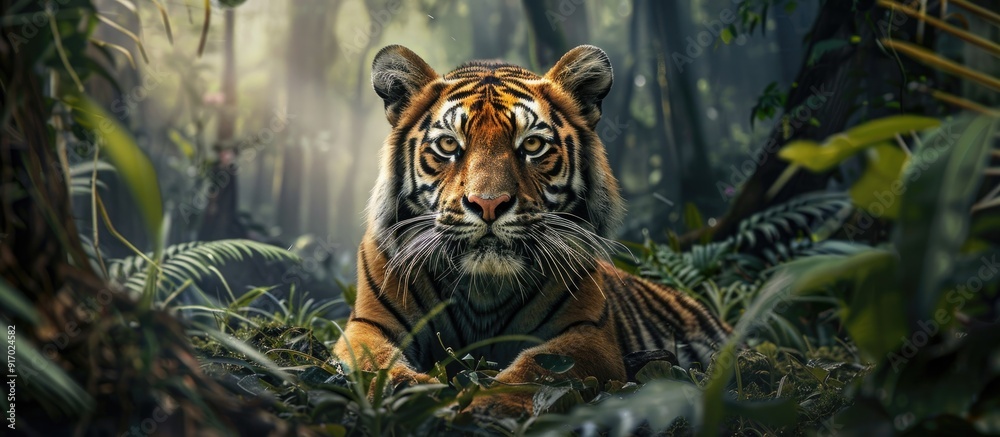 Poster solitary tiger in a jungle setting with a dramatic copy space image