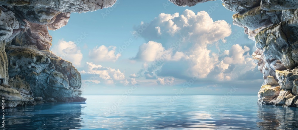 Poster rocky entrance to the sea set against a blue sky with clouds in the background ideal for a copy spac