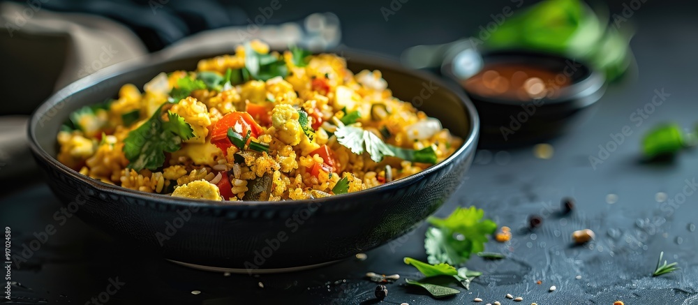 Poster close up view of egg bhurji anda bhurji served in a black bowl with salad dressing against a copy sp