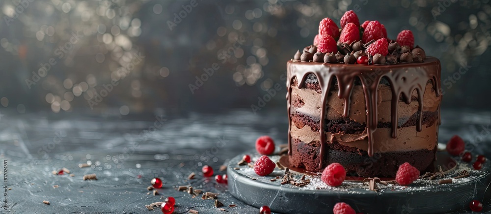 Poster delicious artisanal chocolate cake with custom icing for celebrating the new year with copy space im