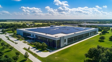 Aerial view of a large industrial building with solar panels on roof, blue sky with scattered white clouds, expansive green lawn in foreground, surrounding trees and vegetation.