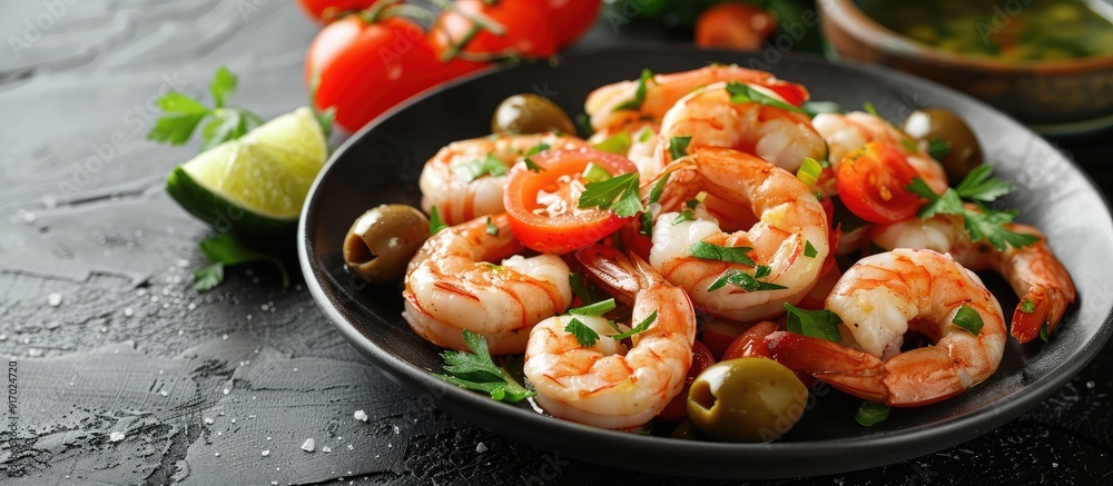 Aufkleber shrimp cooked with herbs olives lime and tomatoes on a plate with copy space image