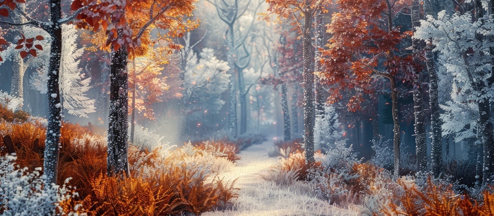 Aufkleber Scenic forest path in autumn with colorful leaves and frosty white branches ideal for a copy space image