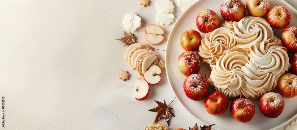 Aufkleber Apple cake apple cookies and white sugar cookies arranged with blank space for text or design in photos. . image with copy space