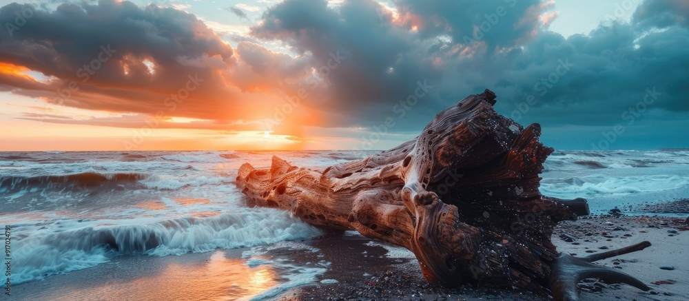 Poster scenic view of a vibrant sunset by the rugged seaside with a massive piece of driftwood on the beach