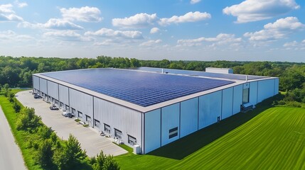 Obraz premium Aerial view of a large industrial building with solar panels on roof, blue sky with scattered white clouds, expansive green lawn in foreground, surrounding trees and vegetation.