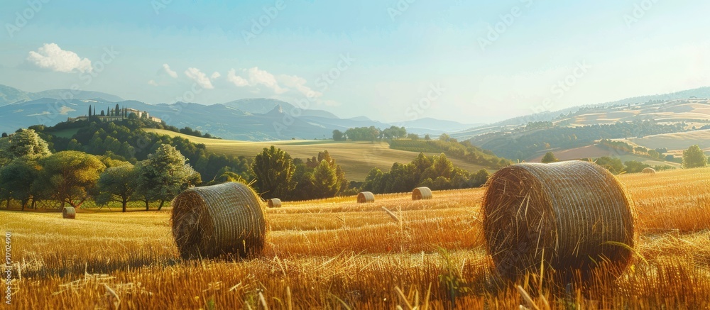 Aufkleber hay bales on a village field with a beautiful scenic view and a clear sky above perfect for a copy s