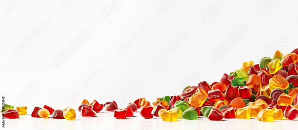 Poster colorful gummy candies displayed on a white background with ample copy space image