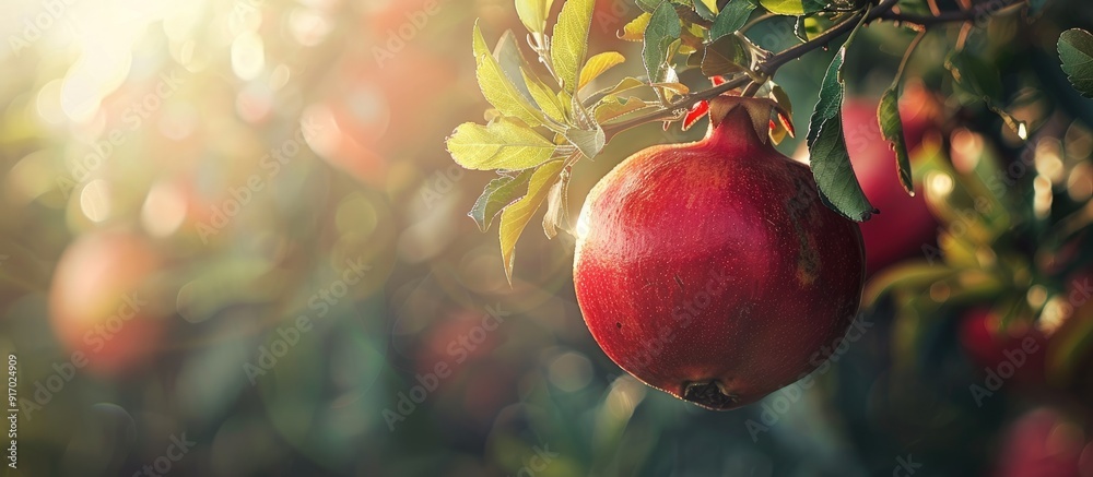 Poster A ripe pomegranate hanging on a tree with copy space image