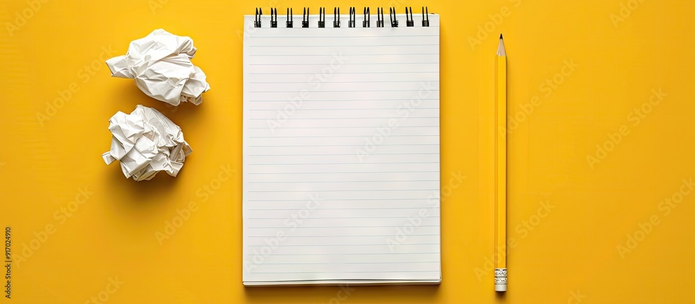 Aufkleber An empty notebook a pencil and crumpled papers are arranged on a yellow background indicating a concept of creativity or the creation process with room for additional content in the image