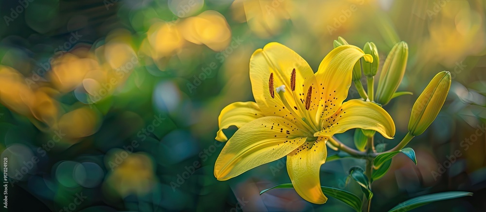 Poster a vibrant yellow lily blooming in a summer garden with a blank space for an image. . image with copy