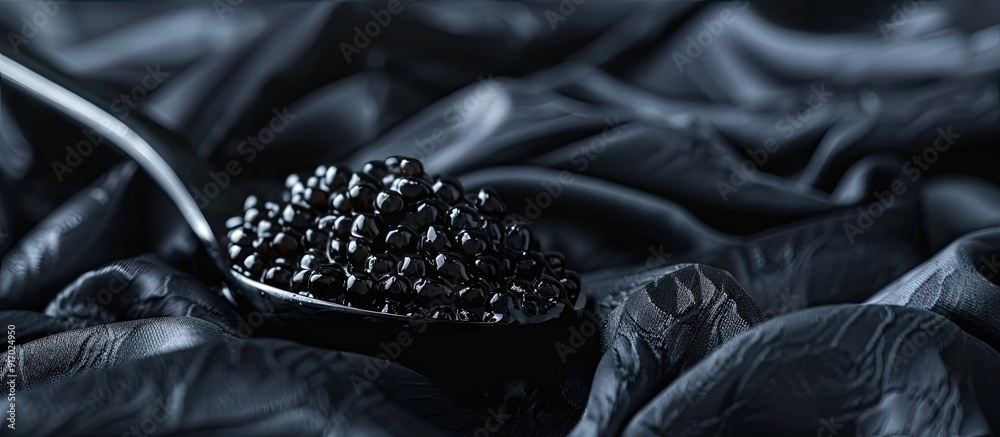 Poster black caviar spoon on table with copy space image