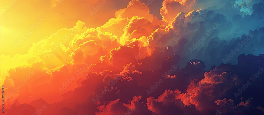 Poster golden sunlight illuminates red orange and yellow clouds against a dark blue sky at twilight creatin