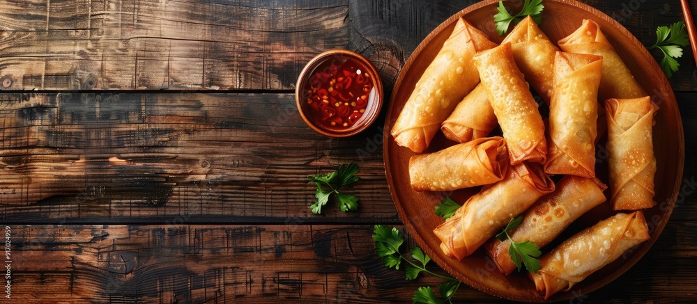 Poster spring rolls deep fried with plum sauce on a wooden backdrop create a delectable scene with copy spa