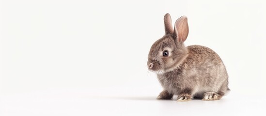 Obraz premium An adorable 8 week old European baby rabbit in brown color gazes to the side in a white background ideal for a copy space image