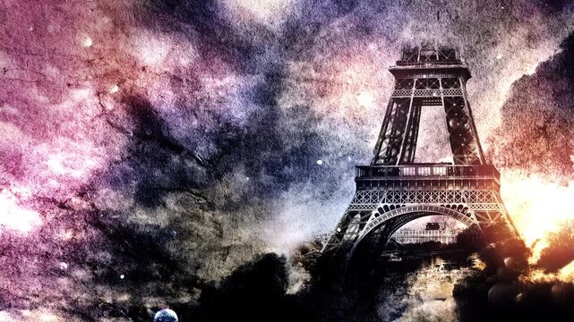 Eiffel Tower appears smoothly on old grunge paper with time lapse of clouds in the sky at sunset with slow motion video of dust flying in the air. Creative, combined 3D 4K parallax video.