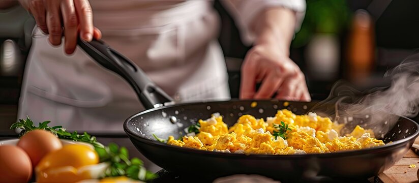 Chef preparing delicious scrambled eggs in a skillet in the kitchen with a copy space image