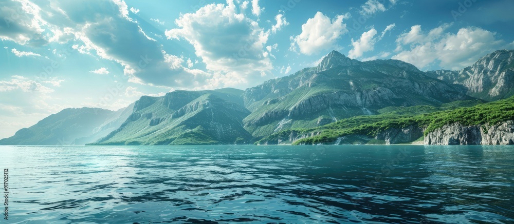 Poster scenic coastal mountain view from the sea with copy space image