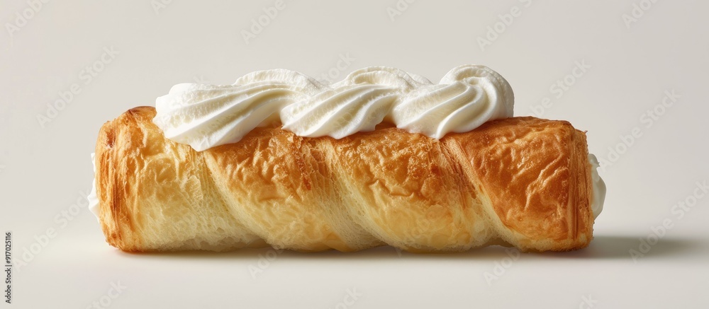 Poster a baked roll filled with cream set against a plain white background for a copy space image