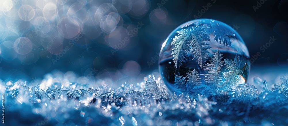 Poster Close up of a frozen soap bubble showcasing shiny ice patterns and stains on a soap ball against a blue and black background with a small depth of field in the copy space image