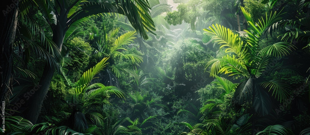 Poster Lush tropical forest with towering trees and vibrant greenery ideal for a copy space image