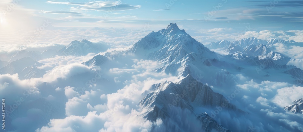 Poster a scenic aerial perspective overlooking clouds from a towering peak with copy space image