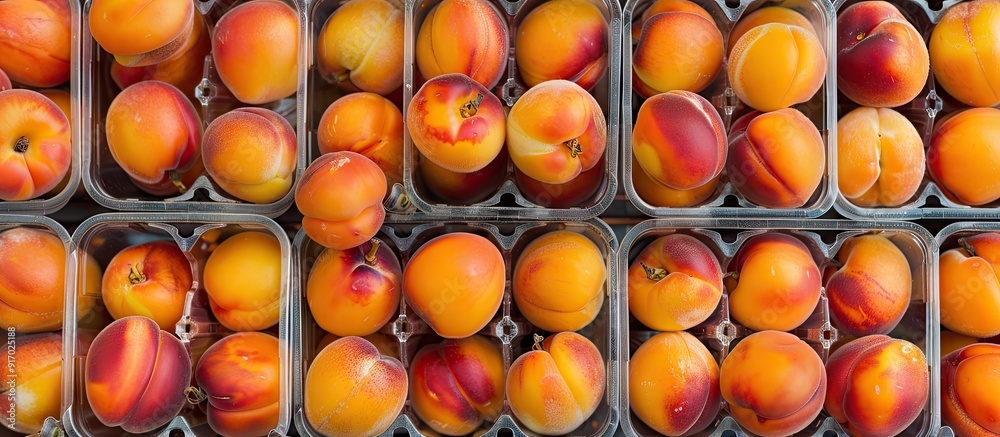 Poster Apricots arranged neatly in clear boxes at the farmer s market with copy space image