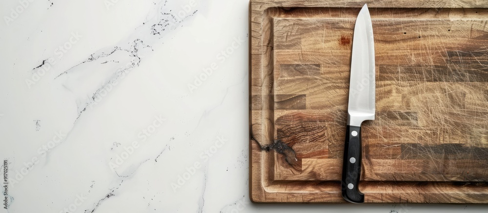 Poster Knife resting on a cutting board with a white background perfect for adding your own content in the copy space image