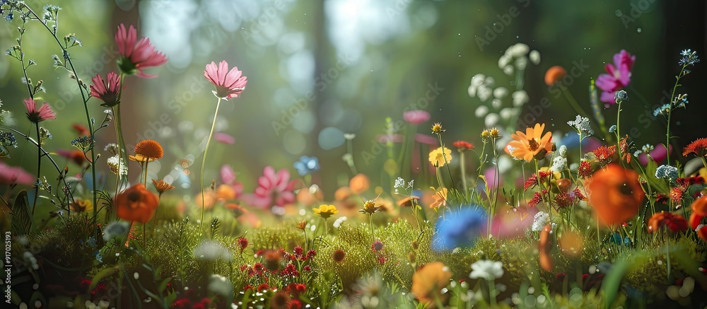 Poster Close up of amusing tiny wildflowers in a forest setting with a copy space image
