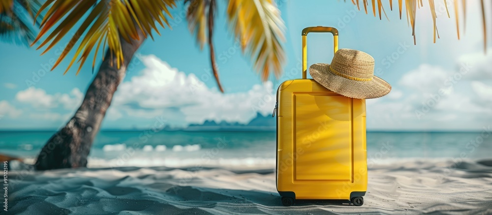 Poster summer vacation vibes with a yellow suitcase on a tropical beach accompanied by a straw hat creating