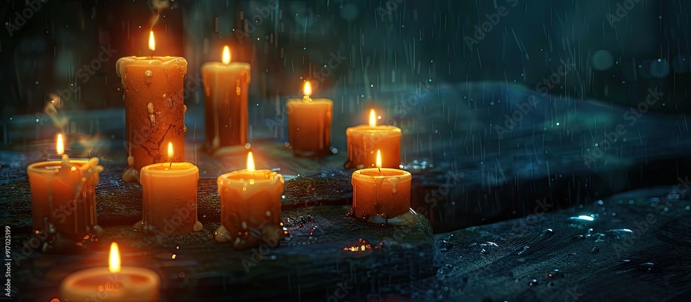 Poster sad memories are symbolized beautifully by dimly lit burning candles in the darkness in a copy space