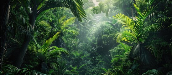 Naklejka premium Lush tropical forest with towering trees and vibrant greenery ideal for a copy space image
