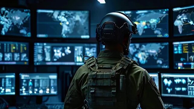 A soldier in a tactical vest sits in front of multiple computer screens displaying maps and data.