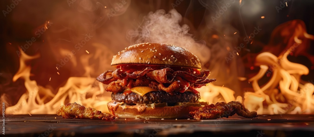 Poster Fast food burger with meat and chicken accompanied by fires displayed in a copy space image