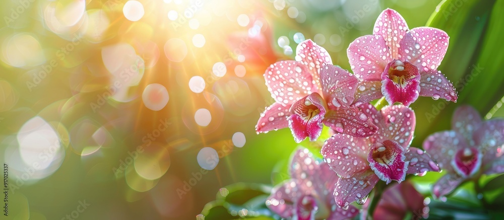 Leinwandbilder Dendrobium orchid with dew drops in a garden setting creating a visually captivating scene with a copy space image