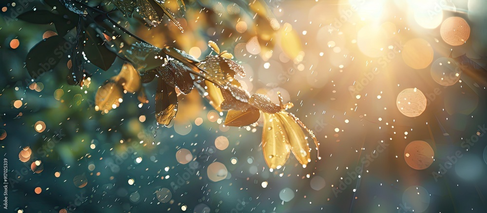 Poster Rain droplets glisten on the tree branch in the copy space image