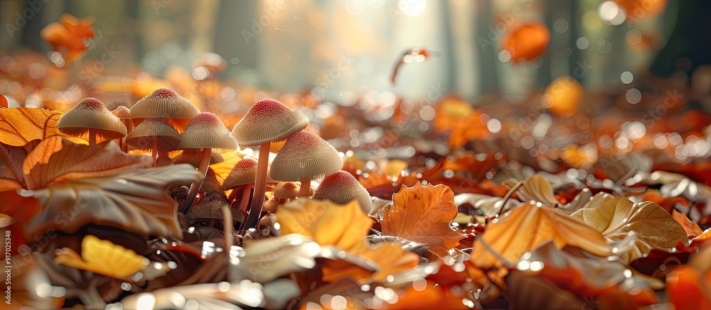 Poster Closeup image of small fresh mushrooms growing amongst autumn leaves in a forest setting illustrating the concept of mushroom picking with a magical touch and copy space image