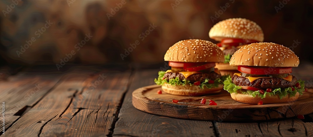 Poster wooden plate with delicious hamburgers creating a cozy setting in a copy space image